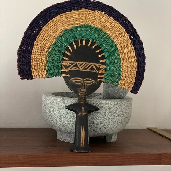 African Akuaba carved wood and bamboo fertility fan